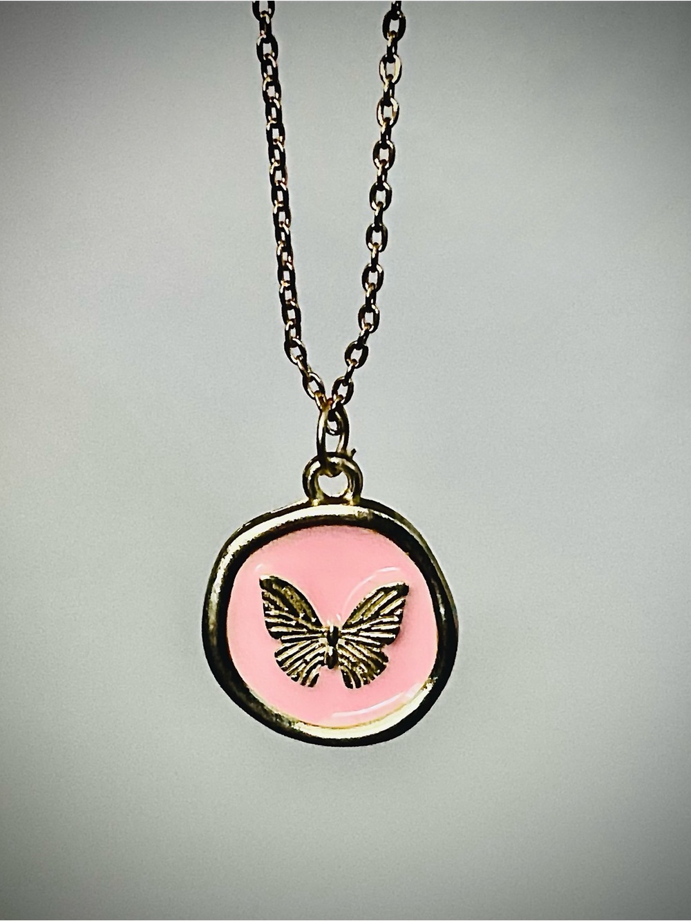 NWT Pink Butterfly Necklace Gold Stainless Steel